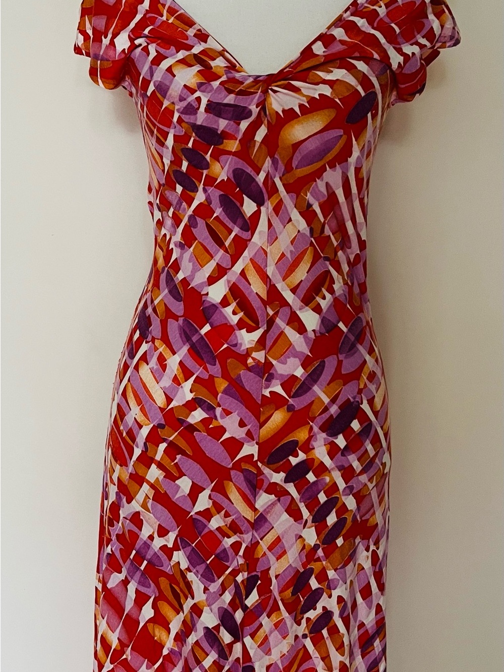 Off Shoulder Abstract Print Dress in Red and Purple